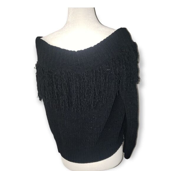 RUE 21 Black Off The Shoulder Fringe Trim Sweater Small - Picture 5 of 7